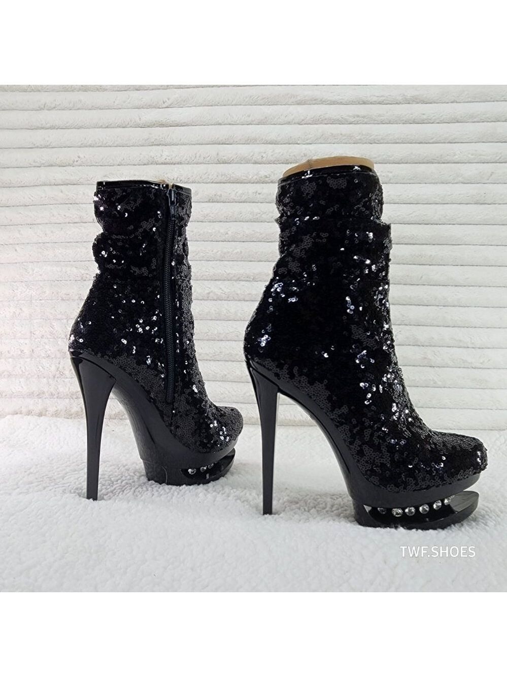 Pleaser Sexy Black Sequin High Heel Slouch Ankle Boots Blondie 1009 - Picture 4 of 8